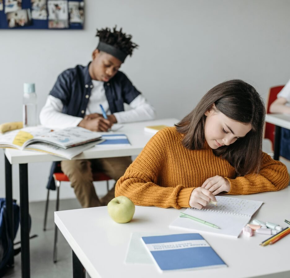 Students focused on schoolwork in a classroom setting, highlighting diversity and education.